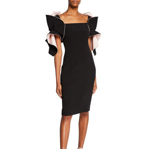 Two-Tone Organza Ruffle-Sleeve Sheath Dress